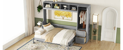 Queen Size Murphy Bed Wall Bed with Closet and Drawers,Gray