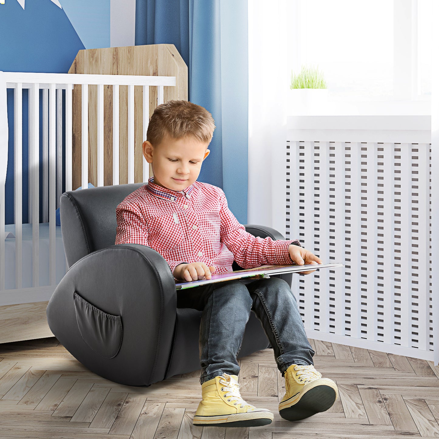 Kids Sofa Rocking Chair with Side Pocket, PU Leather Toddler Armchair for Children Grey