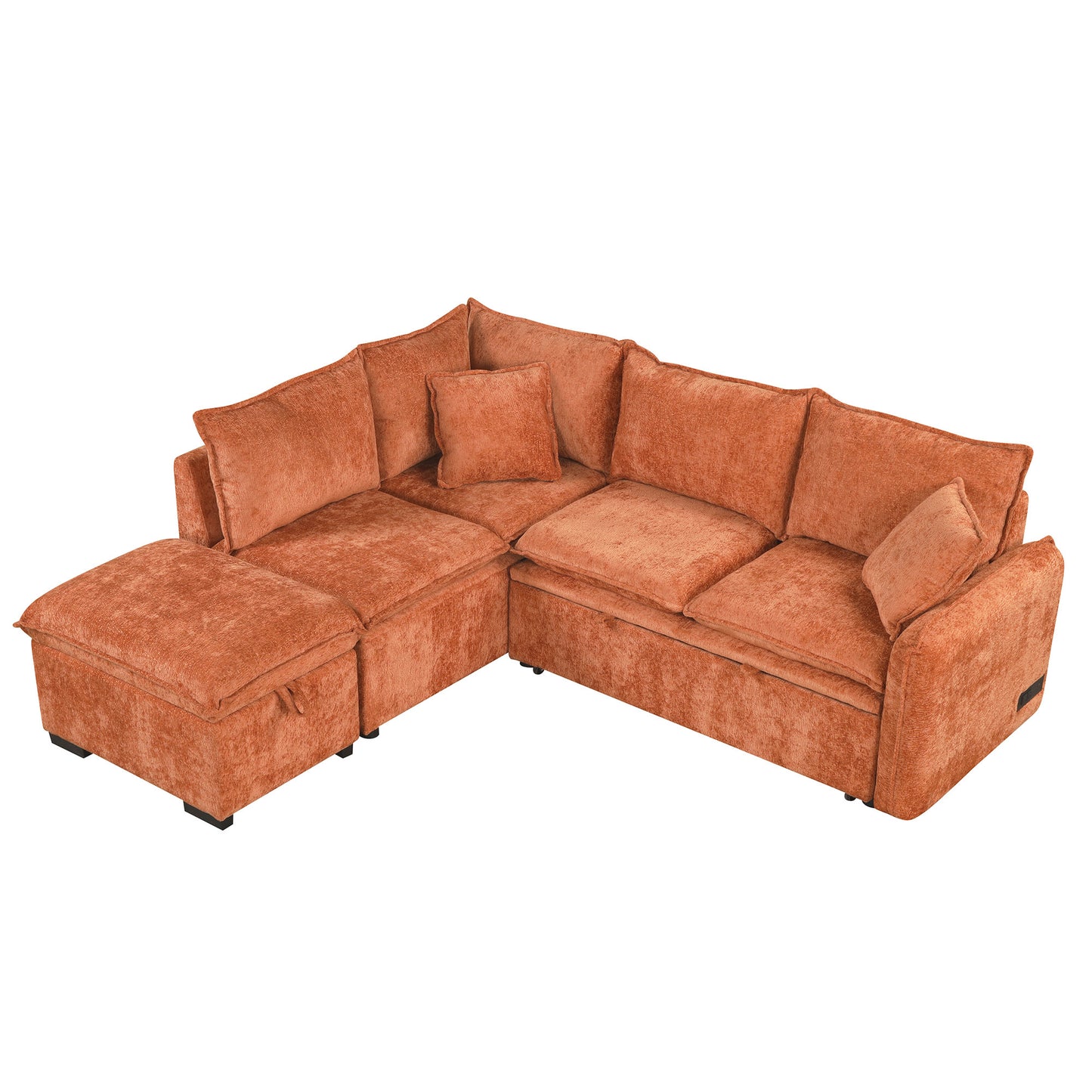 Convertible L-shaped Sofa Bed with Storage Ottoman, Power Sockets & USB Ports, Orange Chenille, 82.67'