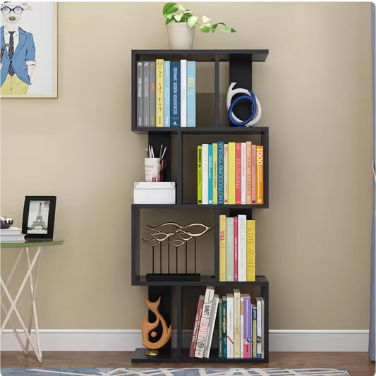 DFW 4 Tier Storage shelf S Shaped Bookcase, Multifunctional Wooden Display Decor Furniture, Free Standing Industrial Storage Rack for Living Room Bedroom Office, Modern 4 Shelf Bookcase (1 Black)