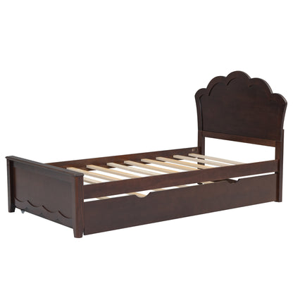 Twin Size Wood Platform Bed with Headboard and Twin Size Trundle, Cappuccino