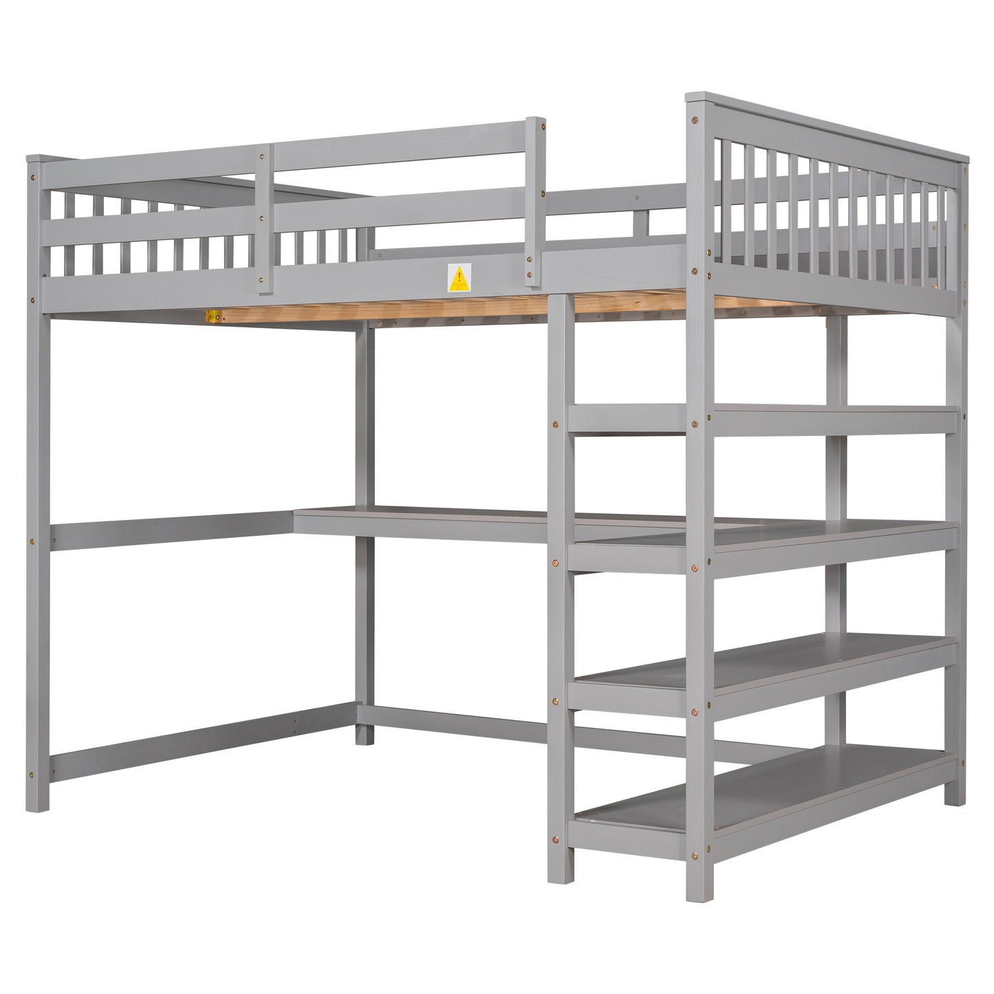 Gray Full Size Loft Bed with Storage Shelves and Under-bed Desk, Solid Pine Wood and MDF, 79.7''L x 57.2''W x 68.3''H