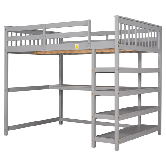 Gray Full Size Loft Bed with Storage Shelves and Under-bed Desk, Solid Pine Wood and MDF, 79.7''L x 57.2''W x 68.3''H