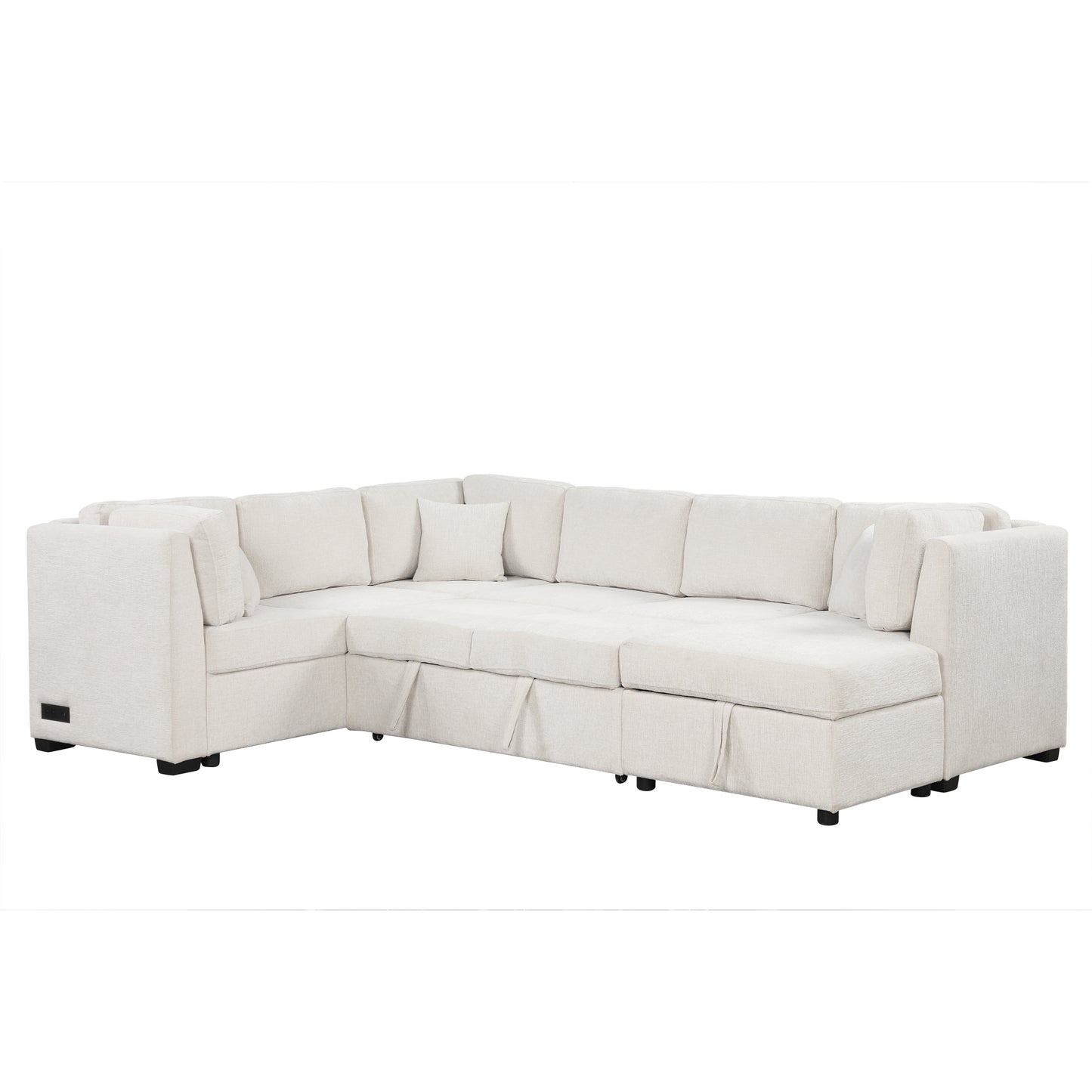 108.6" U-shaped Sectional Sofa Pull out Sofa Bed with Two USB Ports, Two Power Sockets, Three Back Pillows and a Storage Chaise for Living Room, Beige