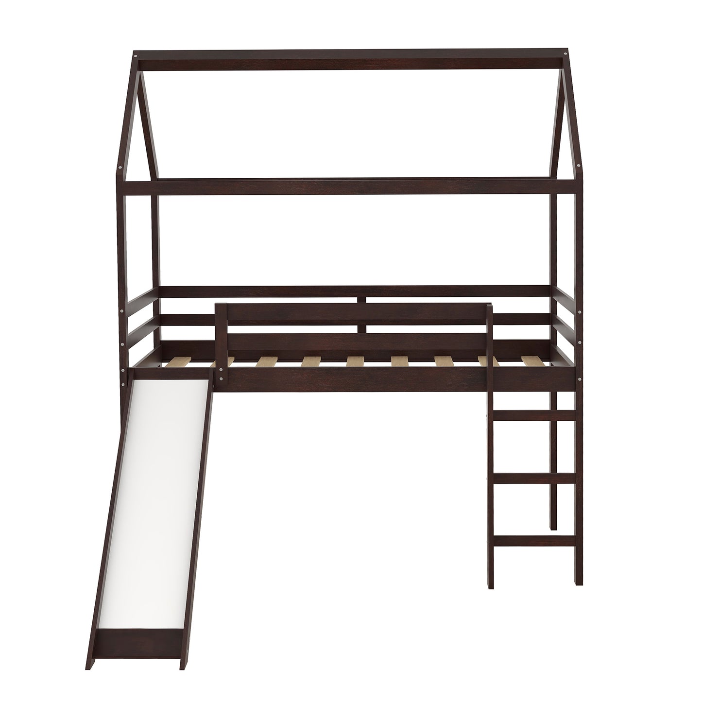 Twin Loft Bed with Slide, House Bed with Slide,Espresso(OLD SKU :WF286245AAP)