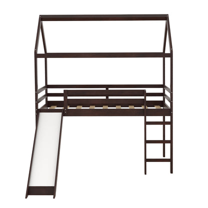 Twin Loft Bed with Slide, House Bed with Slide,Espresso(OLD SKU :WF286245AAP)