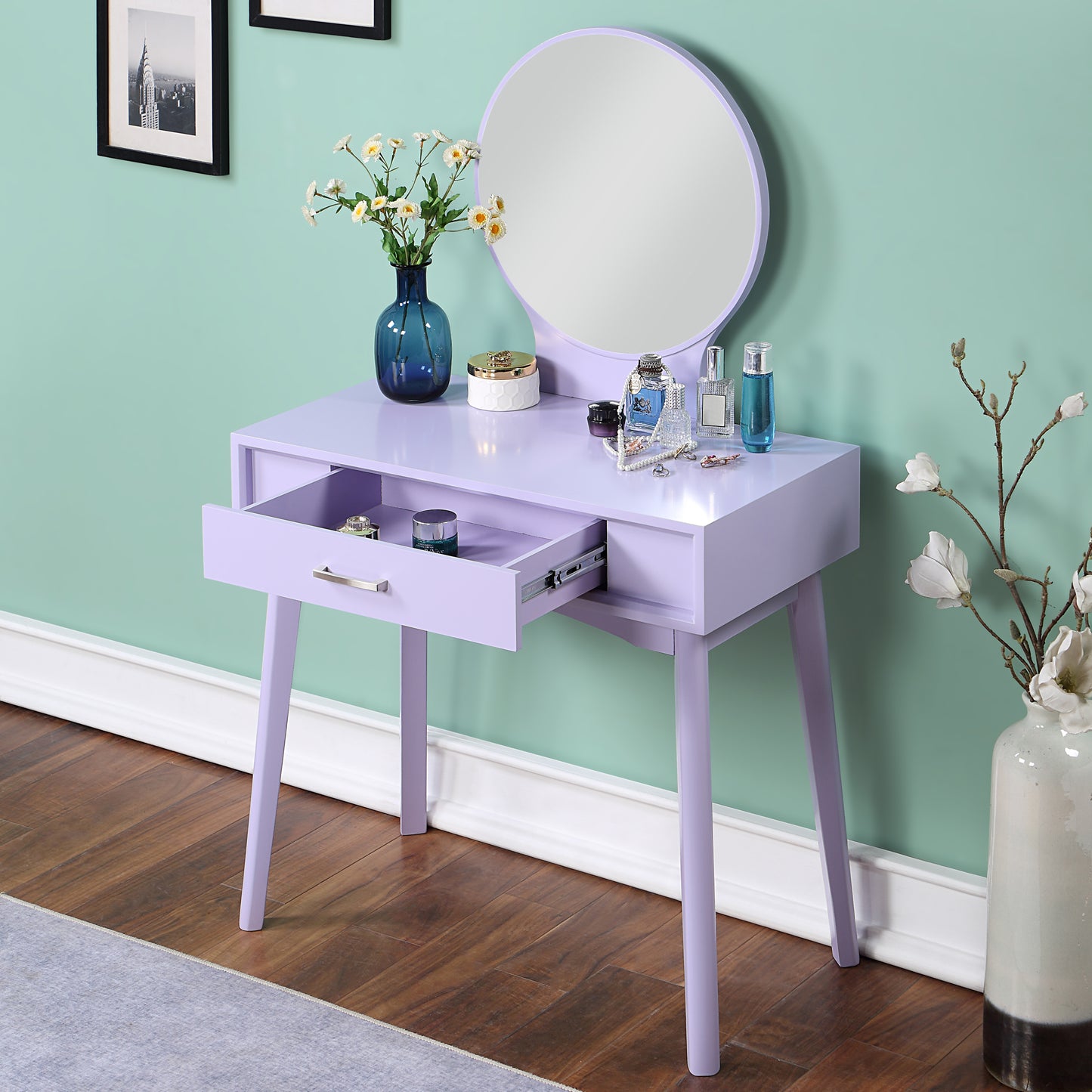 Maly Contemporary Wood Vanity and Stool Set, Purple