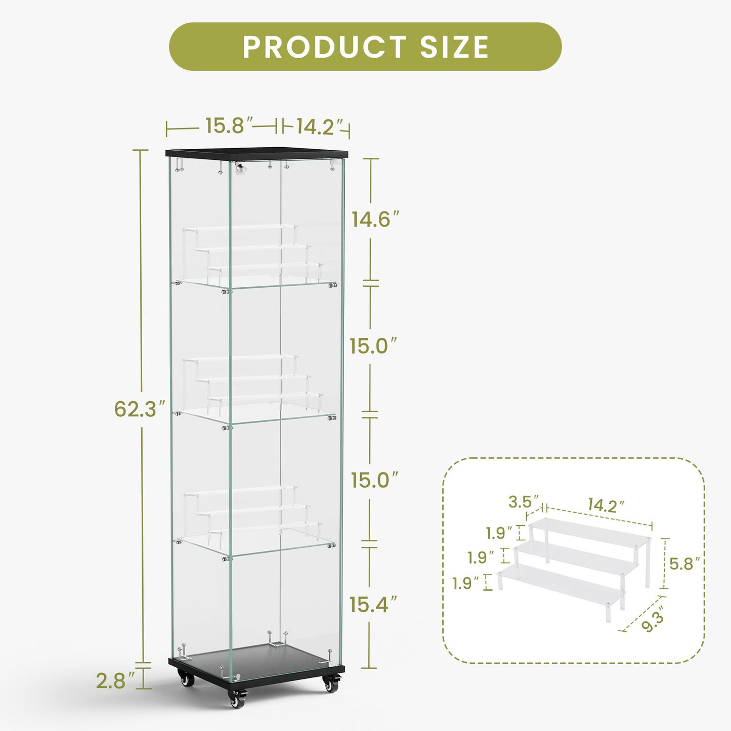 4 Tier Glass Display Cabinet, Single Door Glass Cabinet with Lock and Wheels, Floor Standing Storage Cabinet with 3 Acrylic Shelves for Living Room, Bedroom and Office, Black, 15.8"L x 14.2"W x 65.1"H
