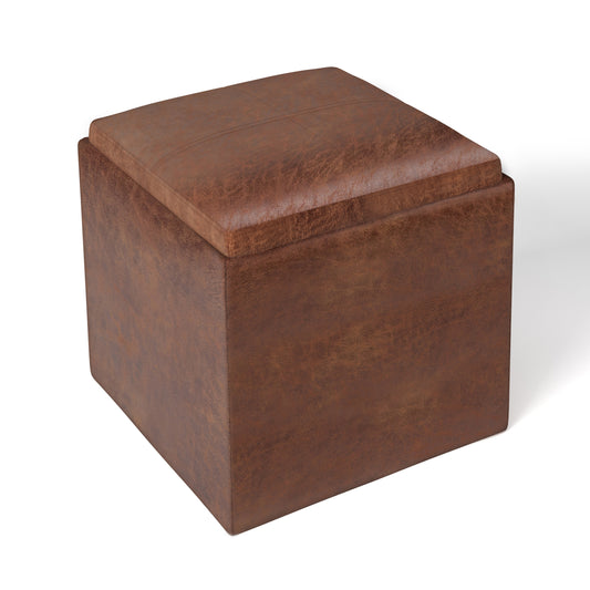 Rockwood - Cube Storage Ottoman with Tray - Distressed Saddle Brown