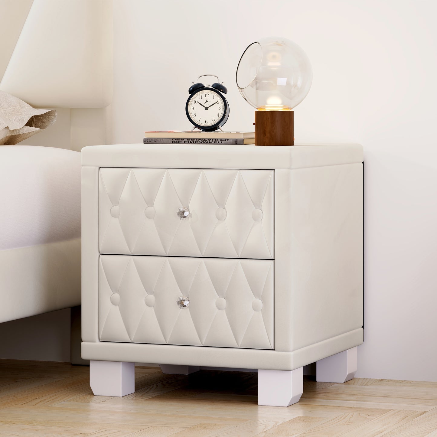 Elegant Velvet Nightstand with 2 Drawers and Crystal Handle, Storage Bedside Table with Button-Tufted, Beige