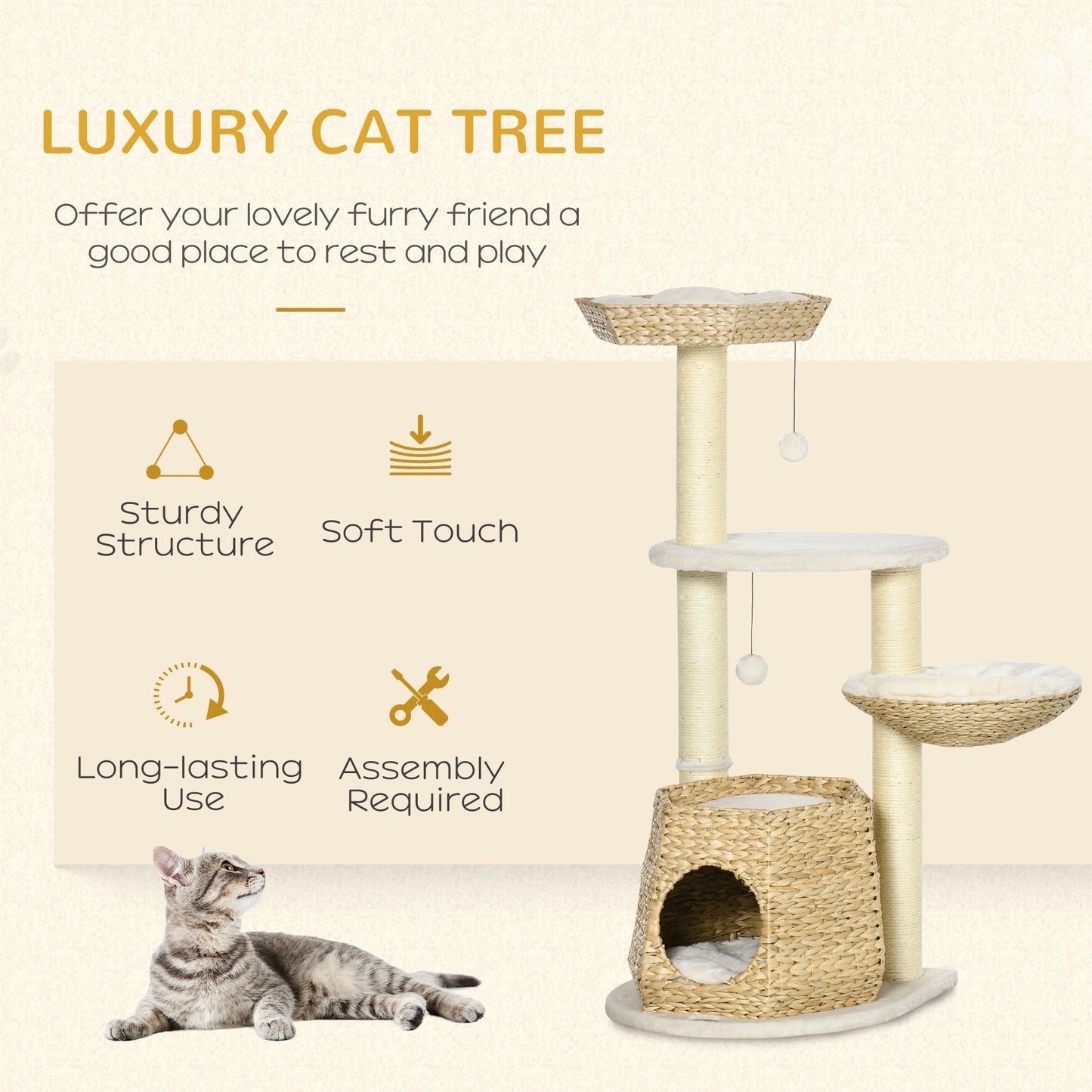 PawHut 47" Cat Tree Kitty Activity Center, Cat Climbing Toy with Cattail Fluff, Bed, Condo, Sisal Scratching Post, and Hanging Ball, Natural