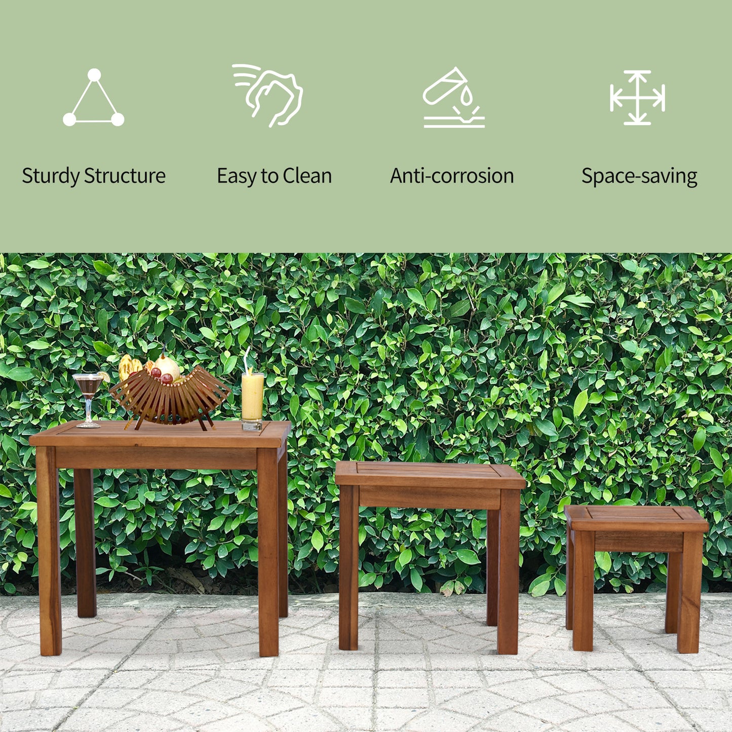 Outsunny 3 Piece Outdoor Side Nesting Table Patio Set with Acacia Wood Build & Multi-Functional Design