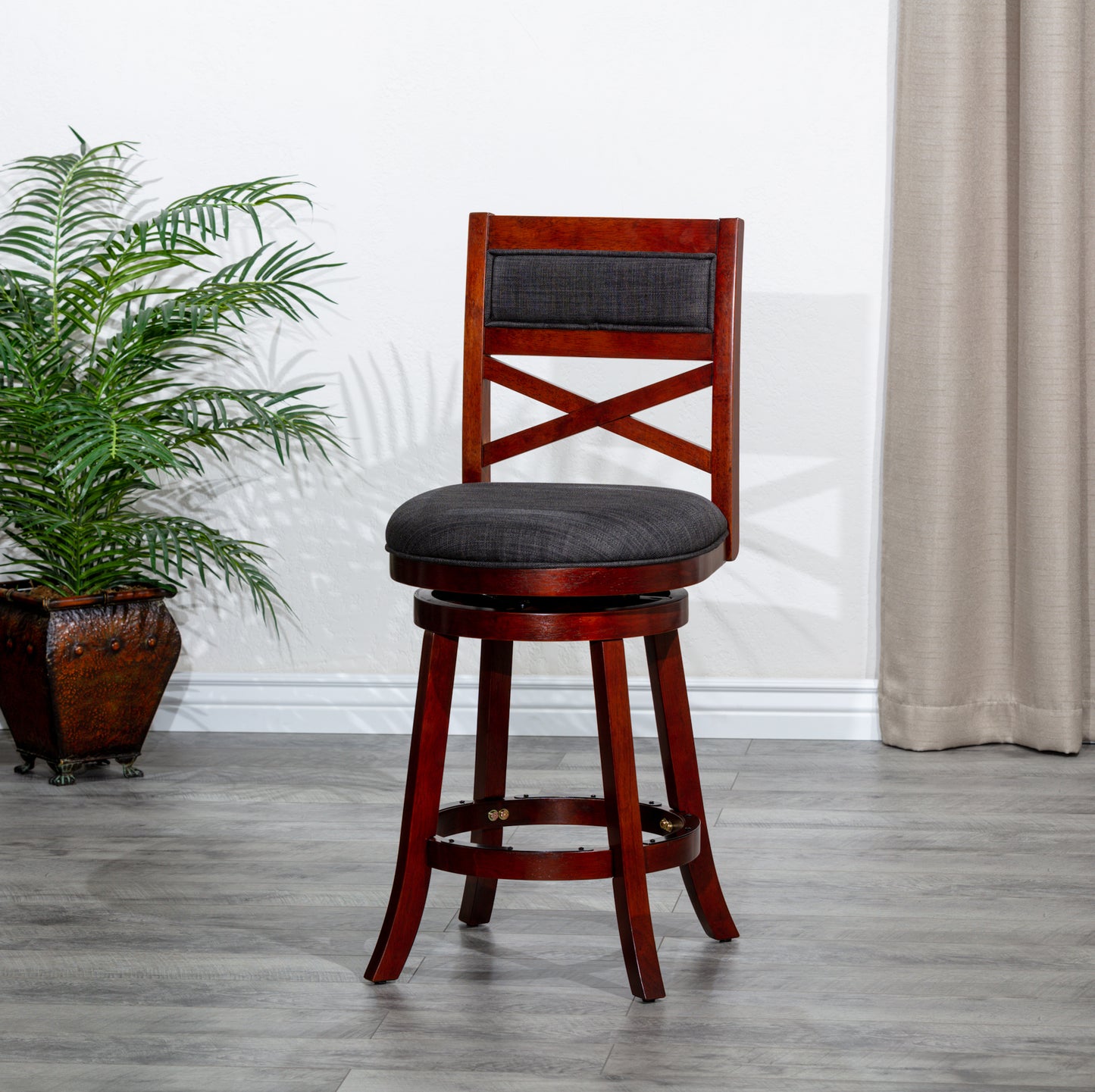 24" Counter Height X-Back Swivel Stool, Cherry Finish, Charcoal Fabric Seat