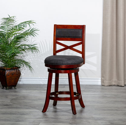 30" Bar Height X-Back Swivel Stool, Stool, Cherry Finish, Charcoal Fabric Seat