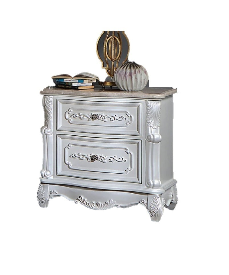 Pearl White Traditional 1pc Nightstand Only Solid wood 2-Drawers Round Knobs Bedside Table Genuine Marble Top on Night Stand Bedroom Furniture