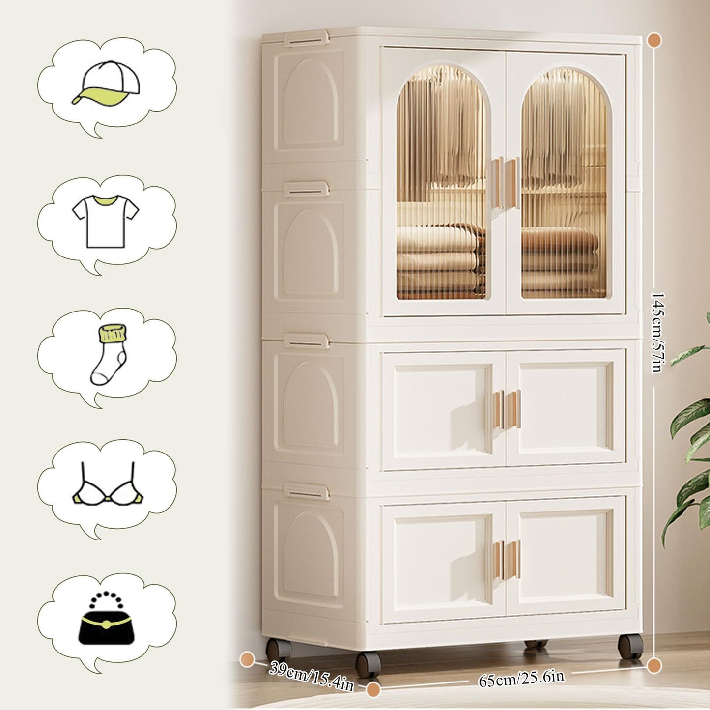 25.59" Side Wide Folding Wardrobe , 25.59"×15.75"×57.09",  with Magnetic Door, Plastic Storage Cabinet with Wheels( one layer of wardrobe + two layers of  folding boxes+10 hangers )