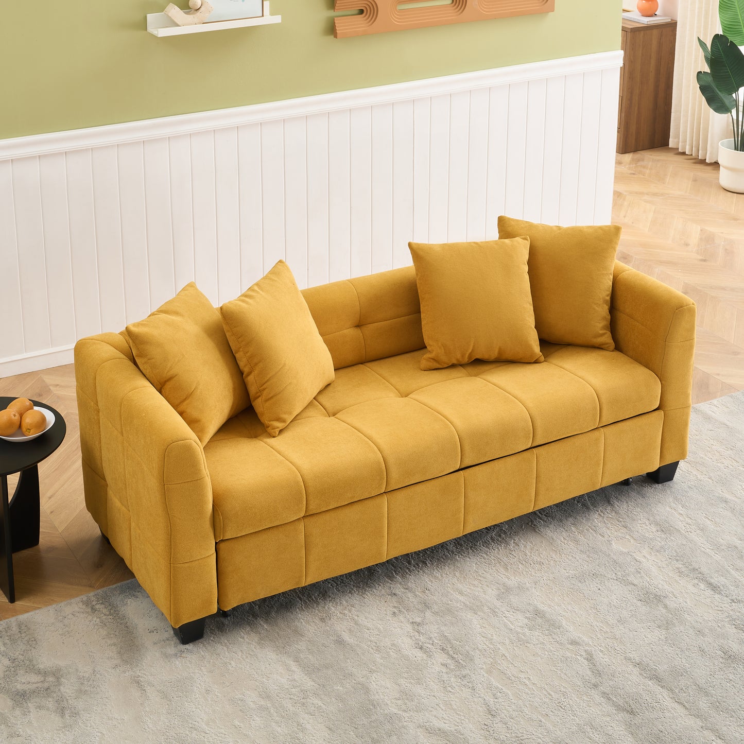 77.9-inch folding dual-purpose three-seater yellow flannel sofa that can be pulled out and turned into a bed, suitable for use in bedrooms and living rooms.