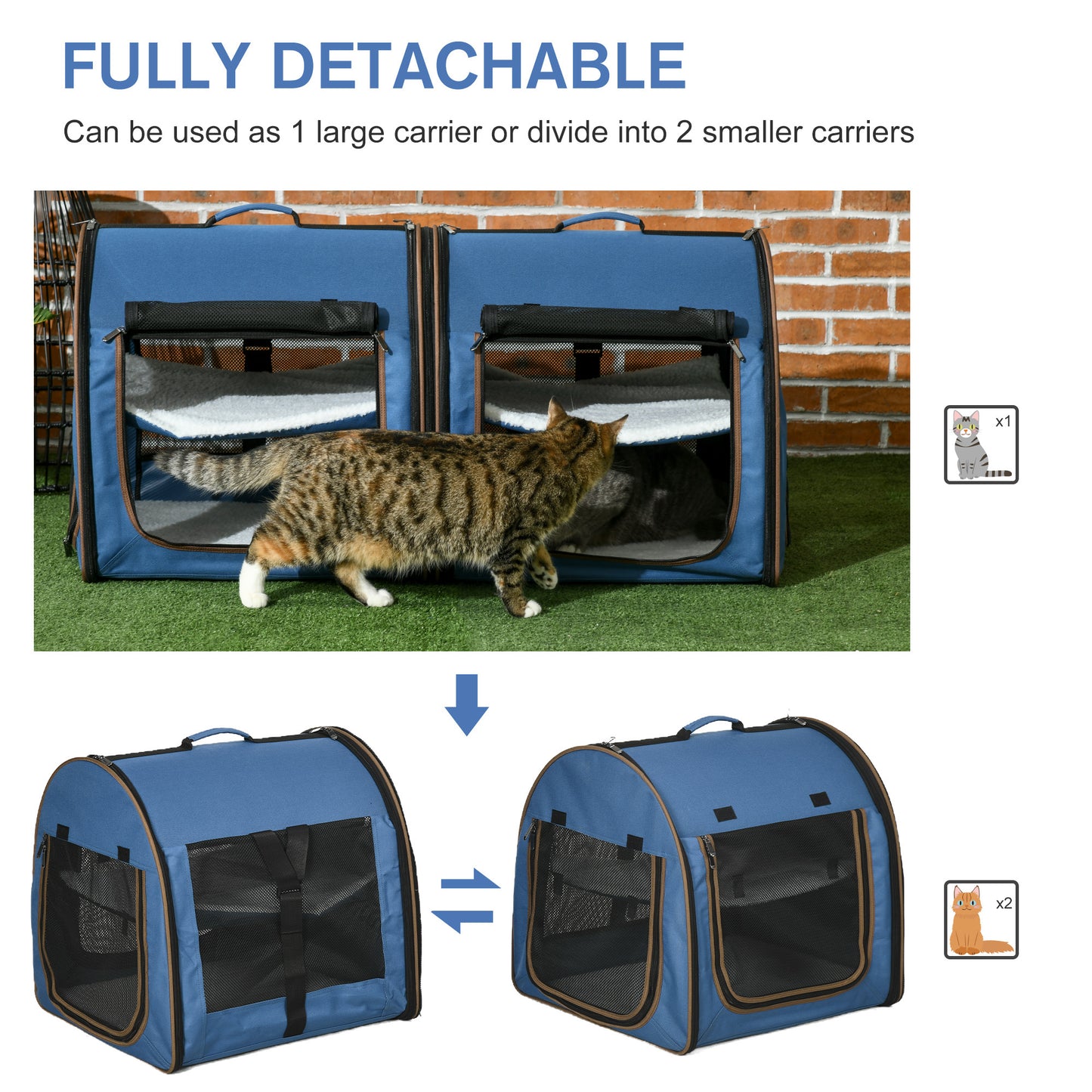 PawHut 39" Portable Soft-Sided Pet Cat Carrier with Divider, Two Compartments, Soft Cushions, & Storage Bag, Blue