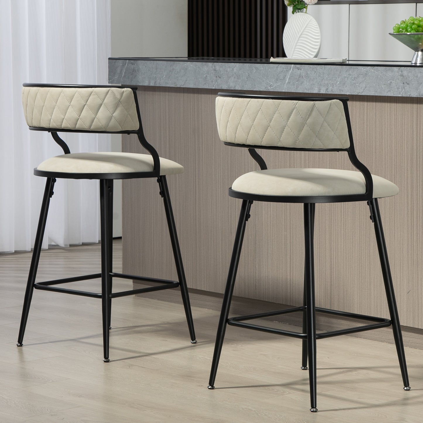 SET OF 2, 26'' Counter height bar stools PU cover kitchen island counter bar stool with black powder coating base and footrest(Beige)