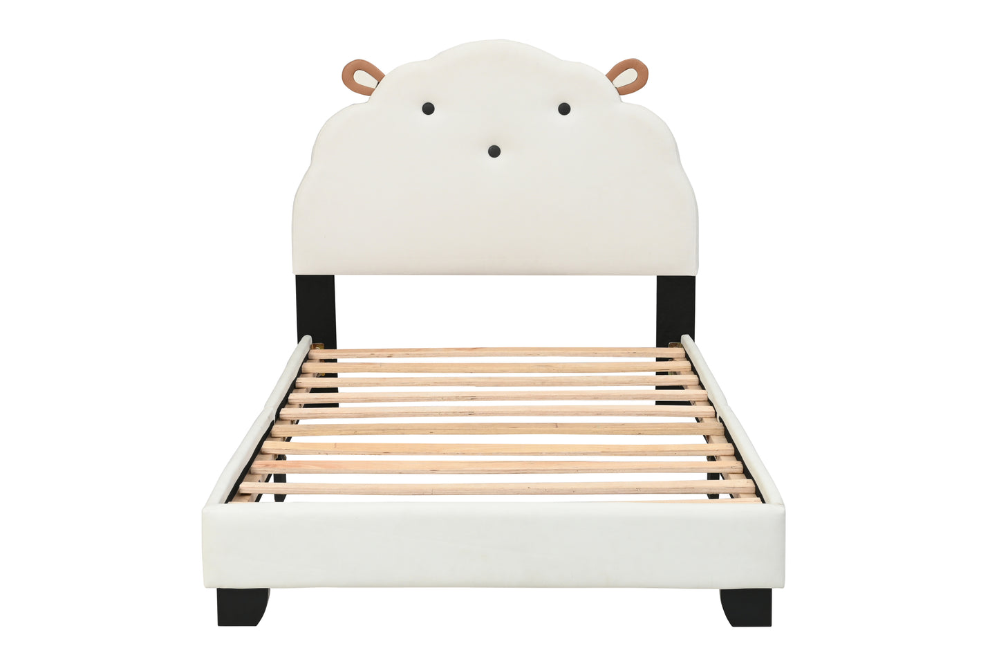 Upholstered Twin Size Platform Bed for Kids, Wooden Bed Frame with Slatted Bed Base, No Box Spring Needed, Cute Bed Frame with Sheep Design Headboard for Girls Boys Teens, White