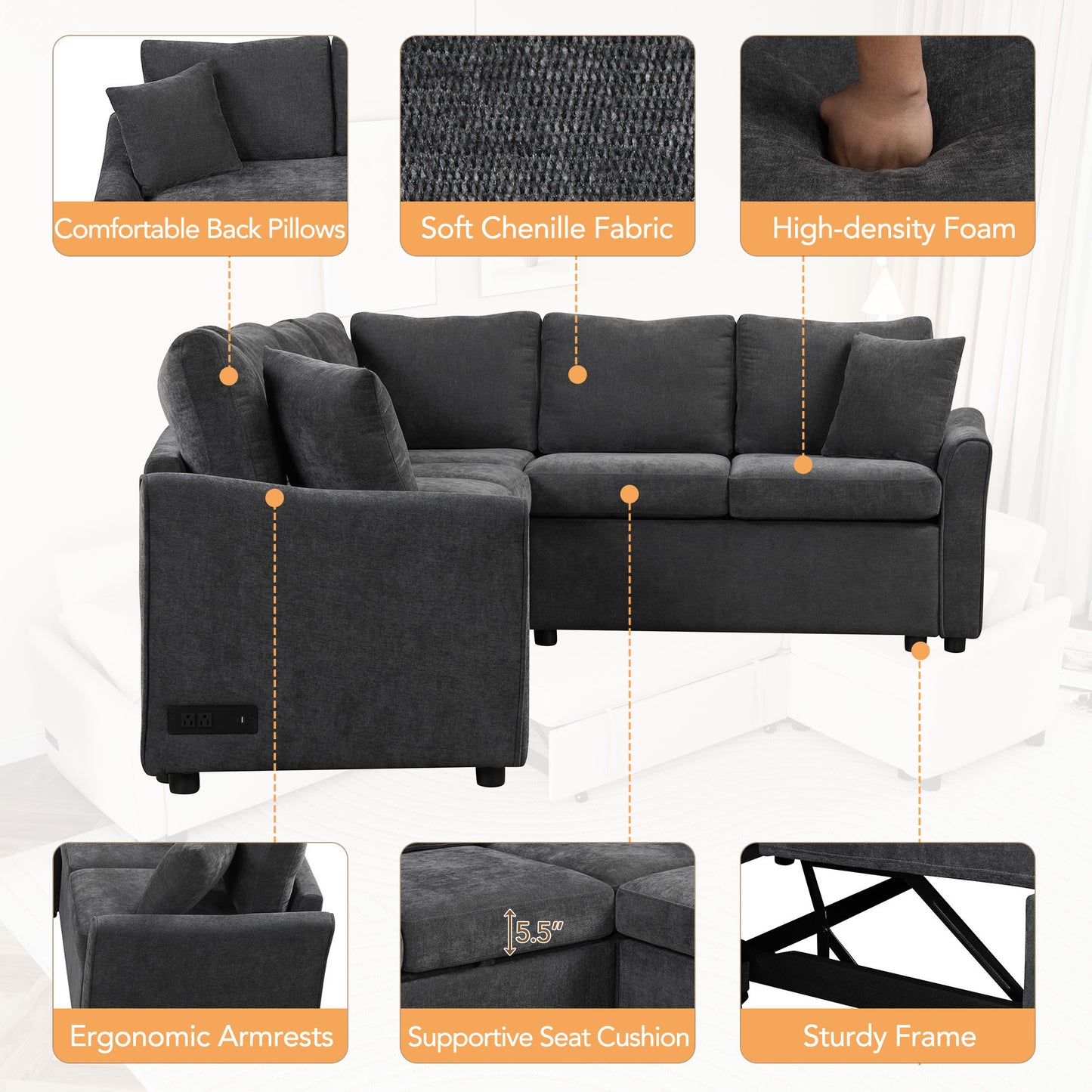 124.8"L-shaped Sofa Convertible Sofa Bed Pull Out Sofa Sleeper with Two Back Pillows, Two USB Ports and Two Power Sockets for Living Room, Gray (Old SKU:SG000890AAE)