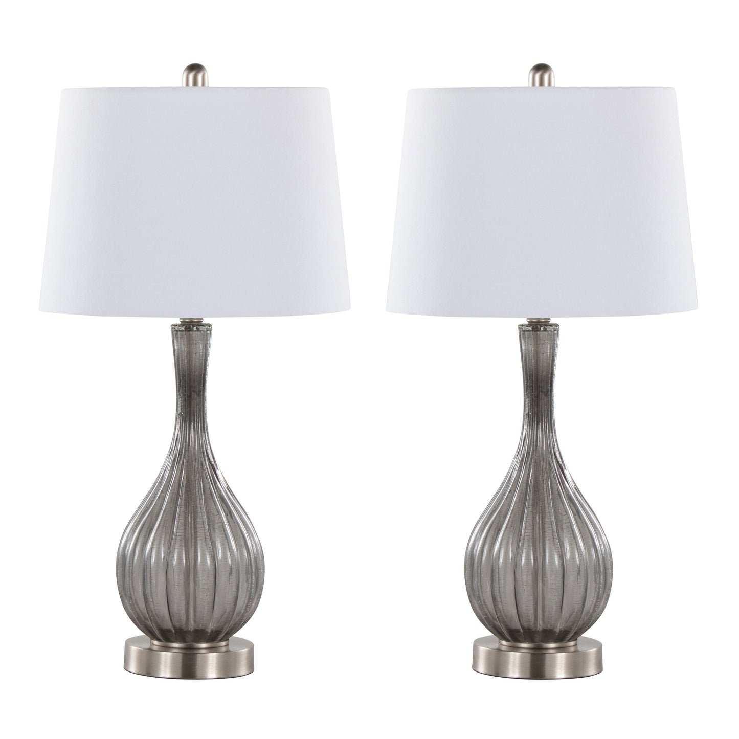 Jenny 27" Contemporary Glass Table Lamp in Clear Smokey Crackle Glass, Brushed Nickel and White Linen Shade from Grandview Gallery by LumiSource - Set of 2