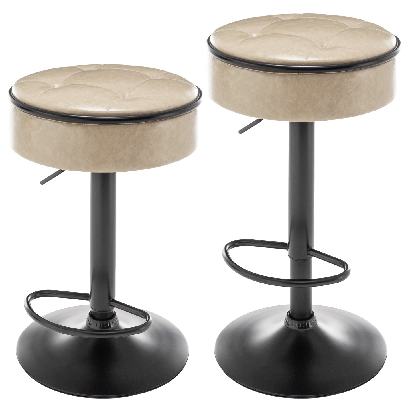 Round Storage Bar Stool Set of 2, Khaki Faux Leather Height Adjustable Barstool, 360°Counter Height Swivel Stool, Armless Bar Chair with Metal Frame for Kitchen Counter Dining Living Room