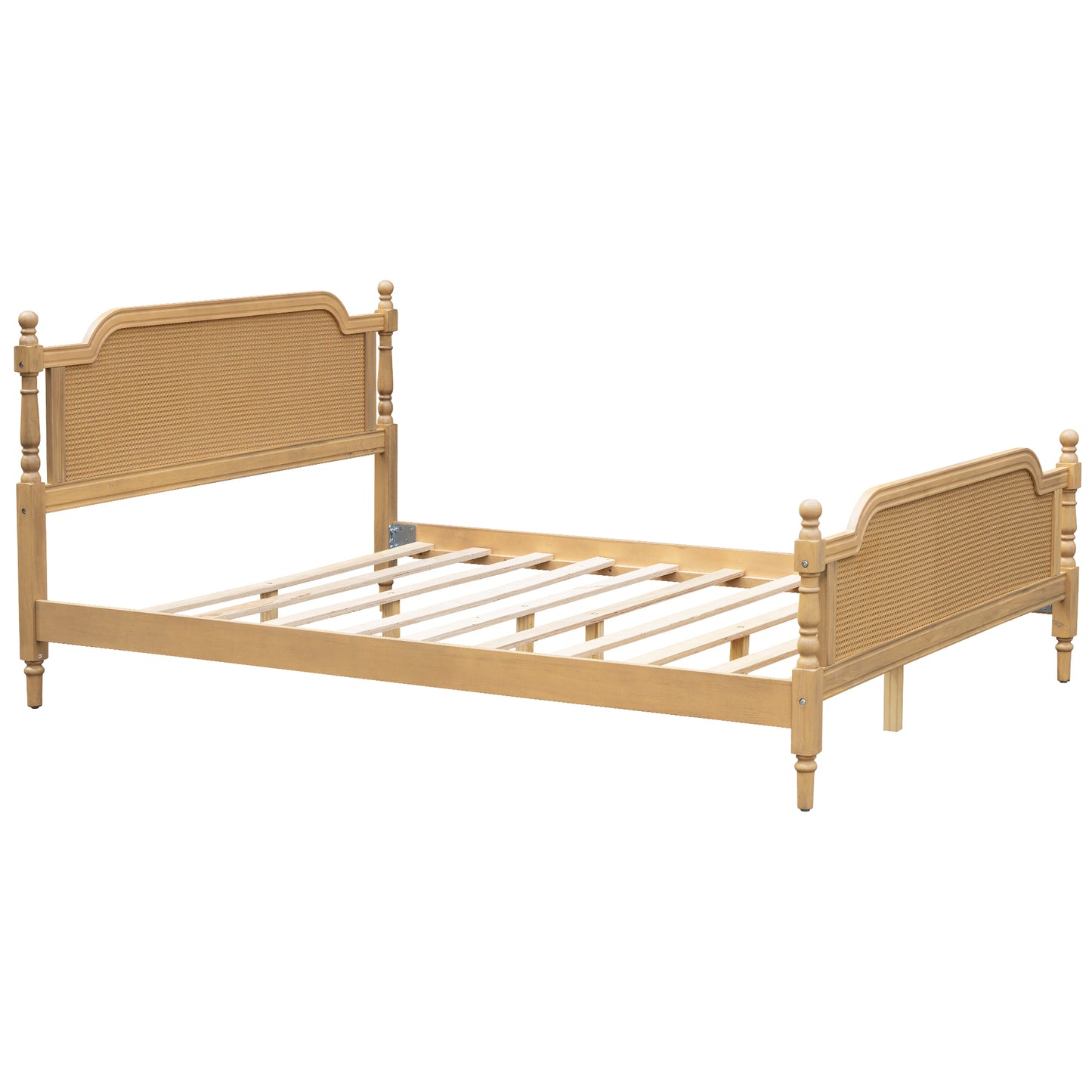 Traditional Style Rattan Queen Size Bed Frame,No Box Spring Needed,Antique Walnut