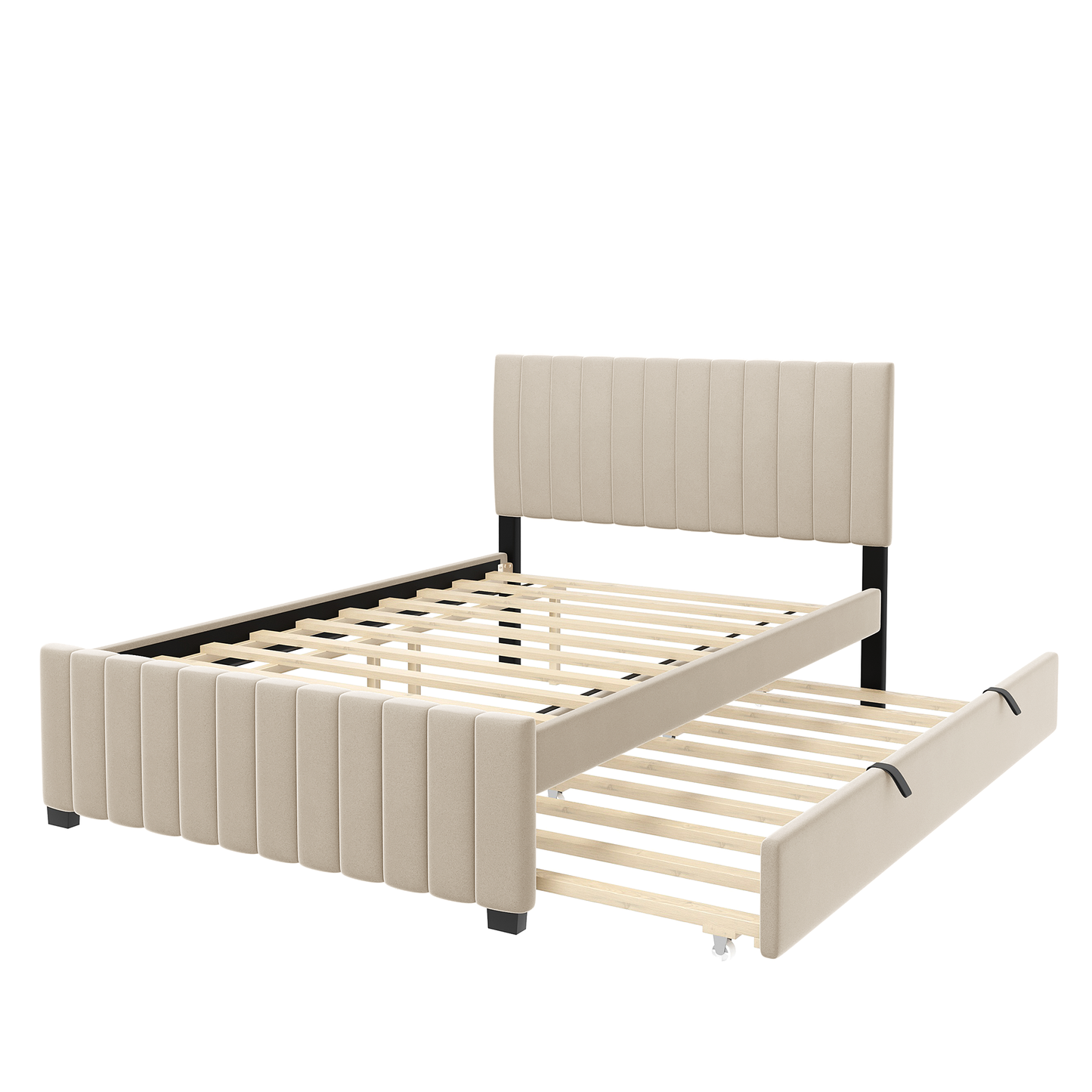 Full Size Velvet Upholstered Platform Bed with Twin Size Trundle, Beige