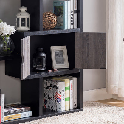 Two-Toned Display Cabinet, Two Door Bookcase Six Shelves in Black & Distressed Grey