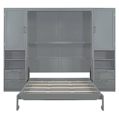 Queen Size Murphy Bed Wall Bed with Closet ,Drawers and Shelves,Gray