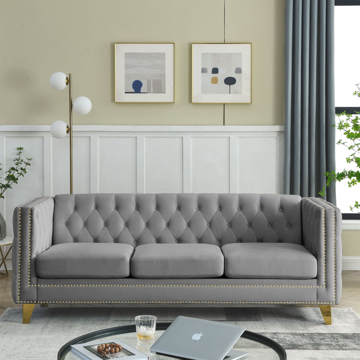 Velvet Sofa for Living Room,Buttons Tufted Square Arm Couch, Modern Couch Upholstered Button and Metal Legs, Sofa Couch for Bedroom, Grey Velvet .2PCS