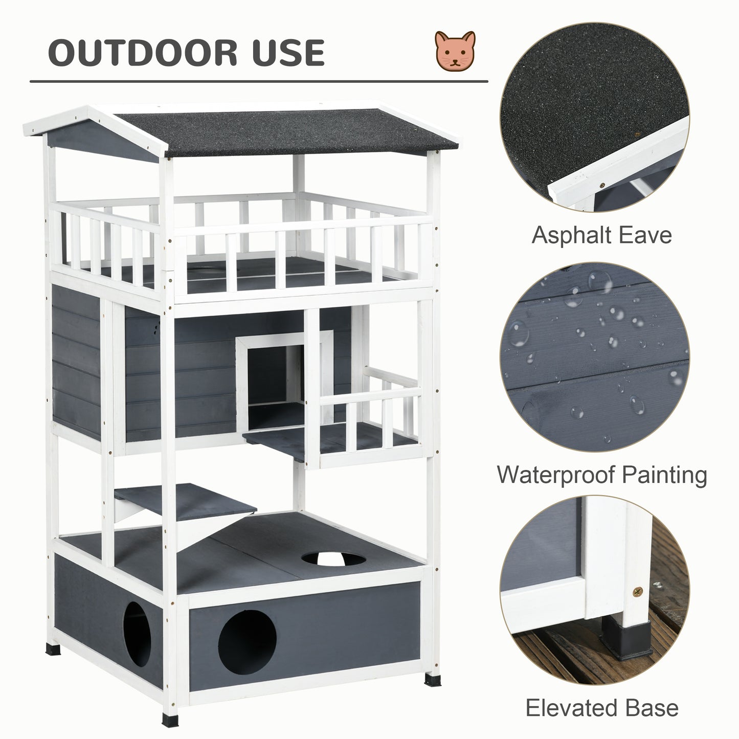 PawHut Wooden Outdoor Cat House, Feral Cat Shelter Kitten Tree with Asphalt Roof, Escape Doors, Condo, Jumping Platform, Grey