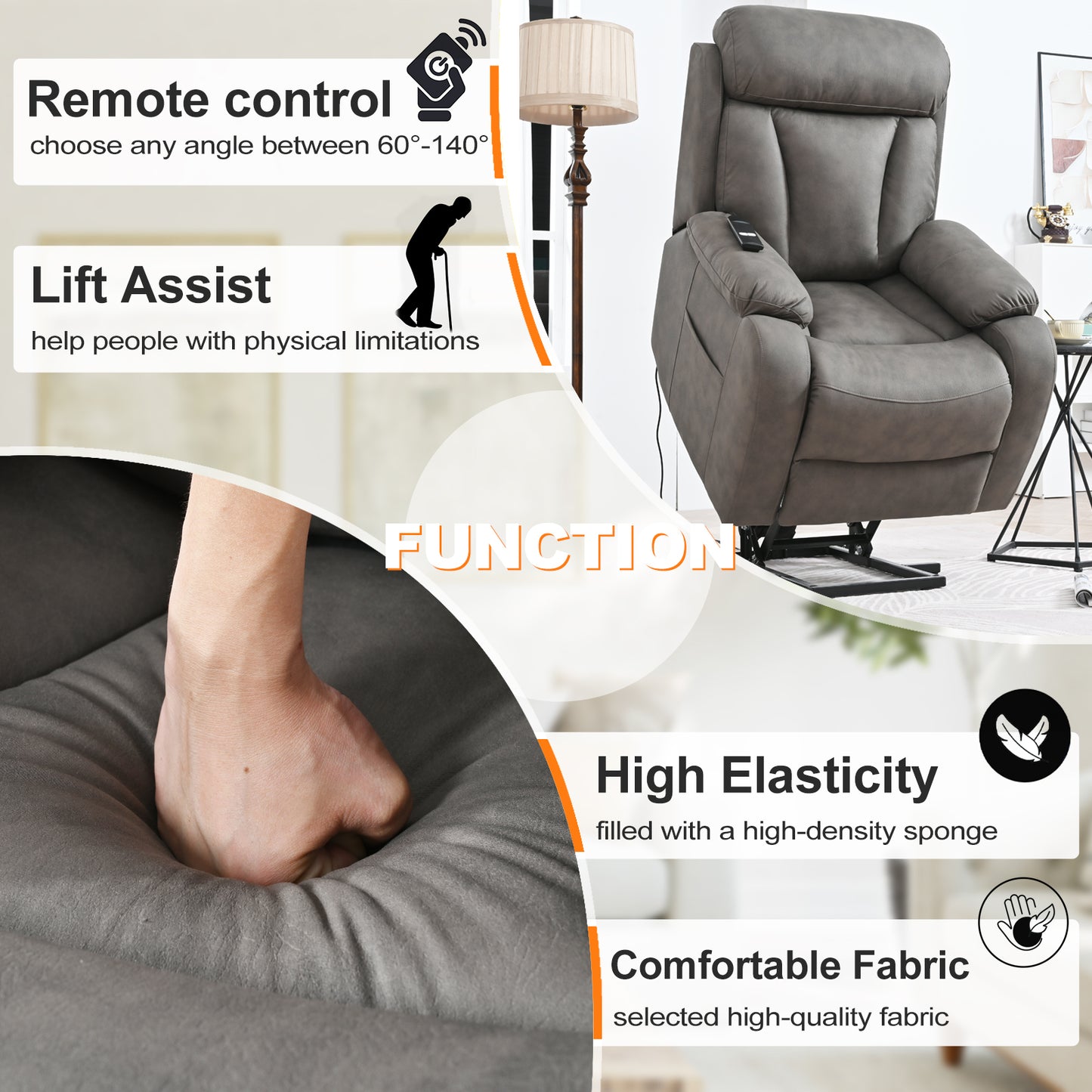 Lift Chair Recliner for Elderly Power Remote Control Recliner Sofa Relax Soft Chair Anti-skid Australia Cashmere Fabric Furniture Living Room(Dark Gray)