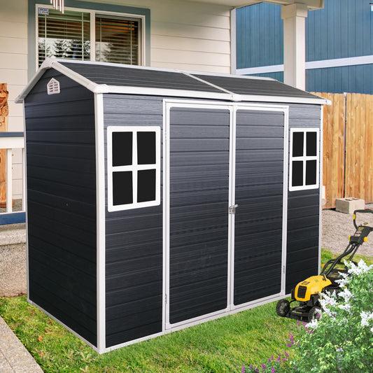 4x8ft Resin Outdoor Storage Shed with Two-Window and Double-Door,Plastic Shed with Floor for Gargen,Patio,Yard,Lawn,Black