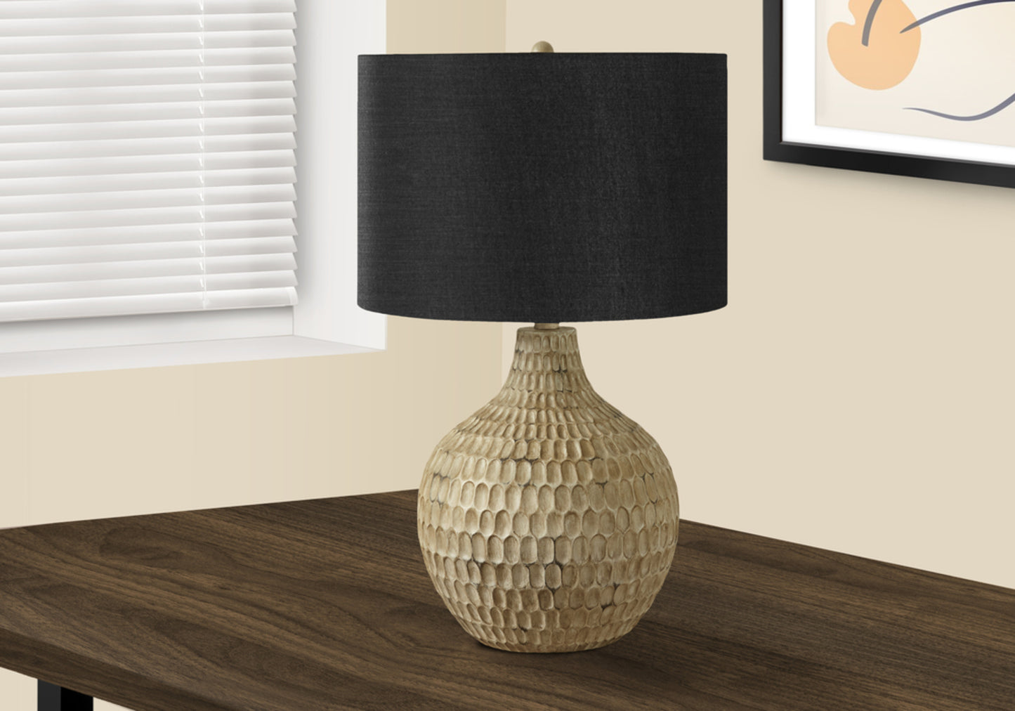 Lighting, 25"h, Table Lamp, Black Shade, Brown Resin, Contemporary