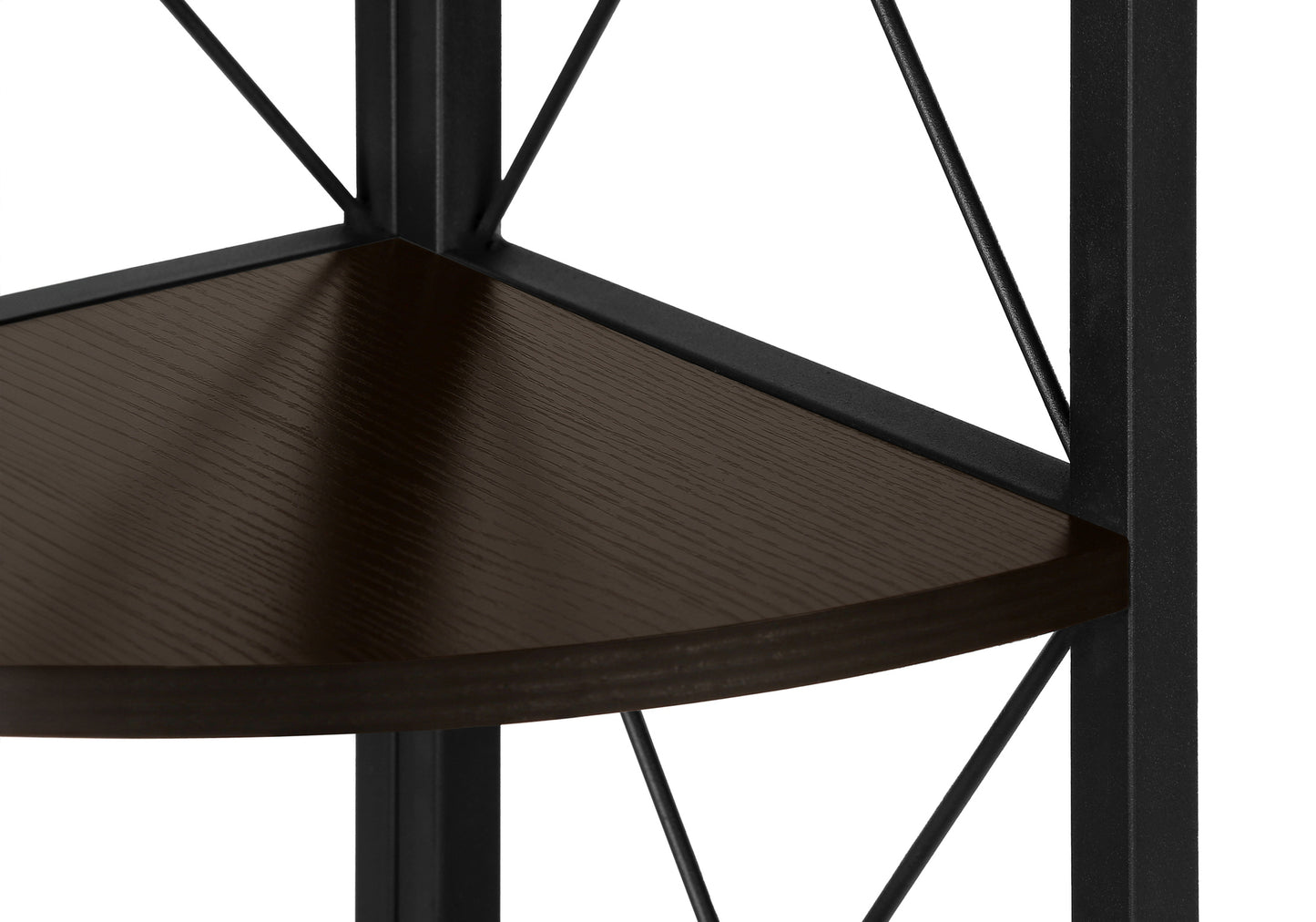 Bookshelf, Bookcase, Etagere, Corner, 4 Tier, 60"h, Office, Bedroom, Brown Laminate, Black Metal, Contemporary, Modern