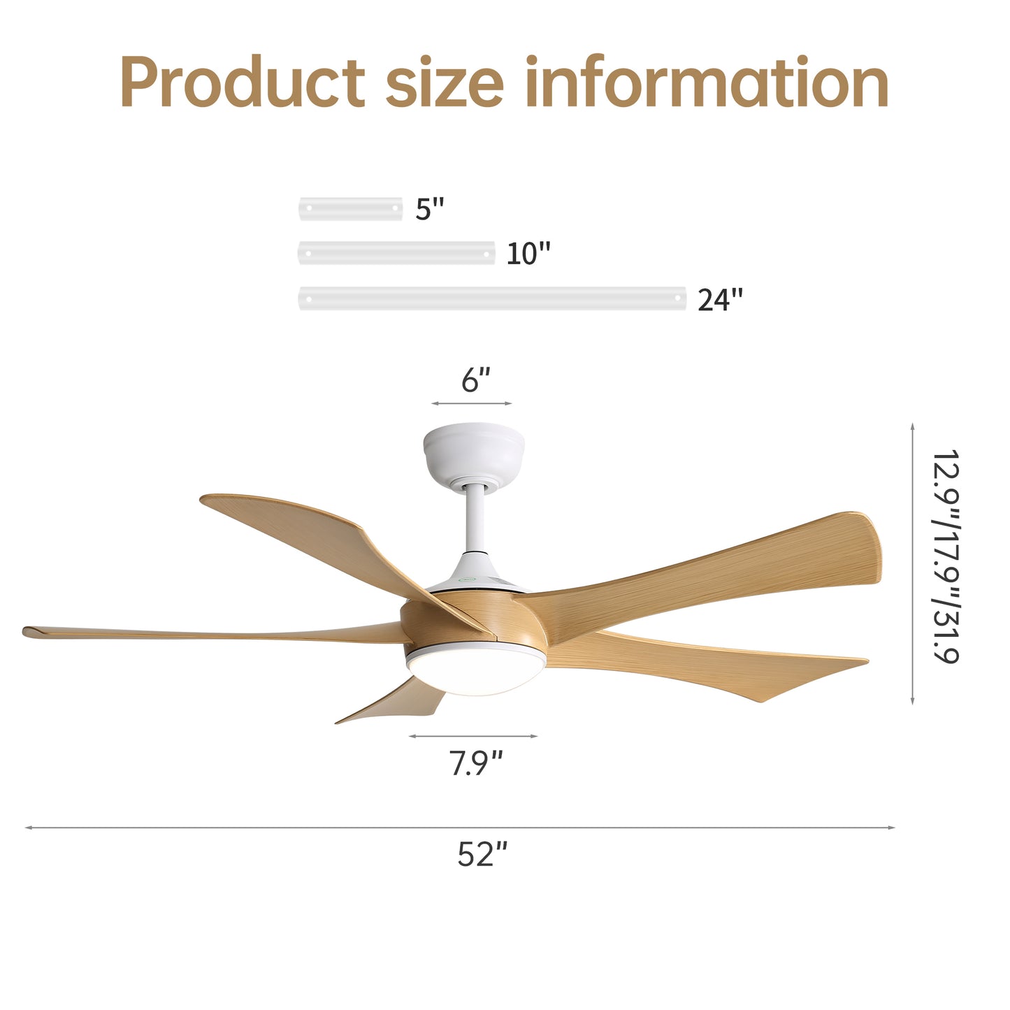 52 Inch Modern Ceiling Fan with 22W LED Light and Remote Control 5 ABS Blades for Living Room