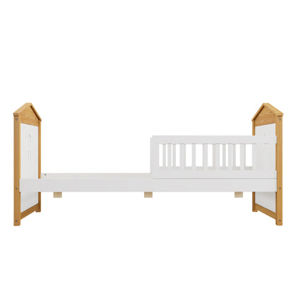 Twin Size House Shape Bed with Drawers and Safety Fence Guardrails Bed Toddler Bed for Girls Boys,No Box Spring Needed, Walnut and White