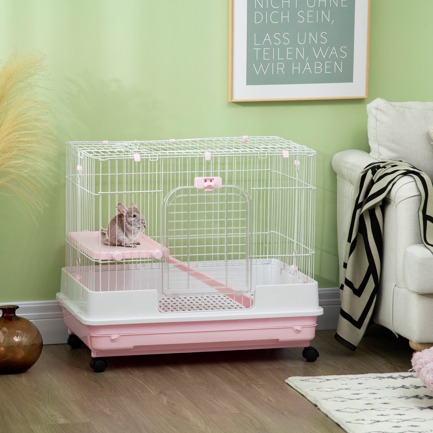 PawHut 2-Level Small Animal Cage Rabbit Hutch with Wheels, Removable Tray, Platform and Ramp for Bunny, Chinchillas, Ferret, Pink