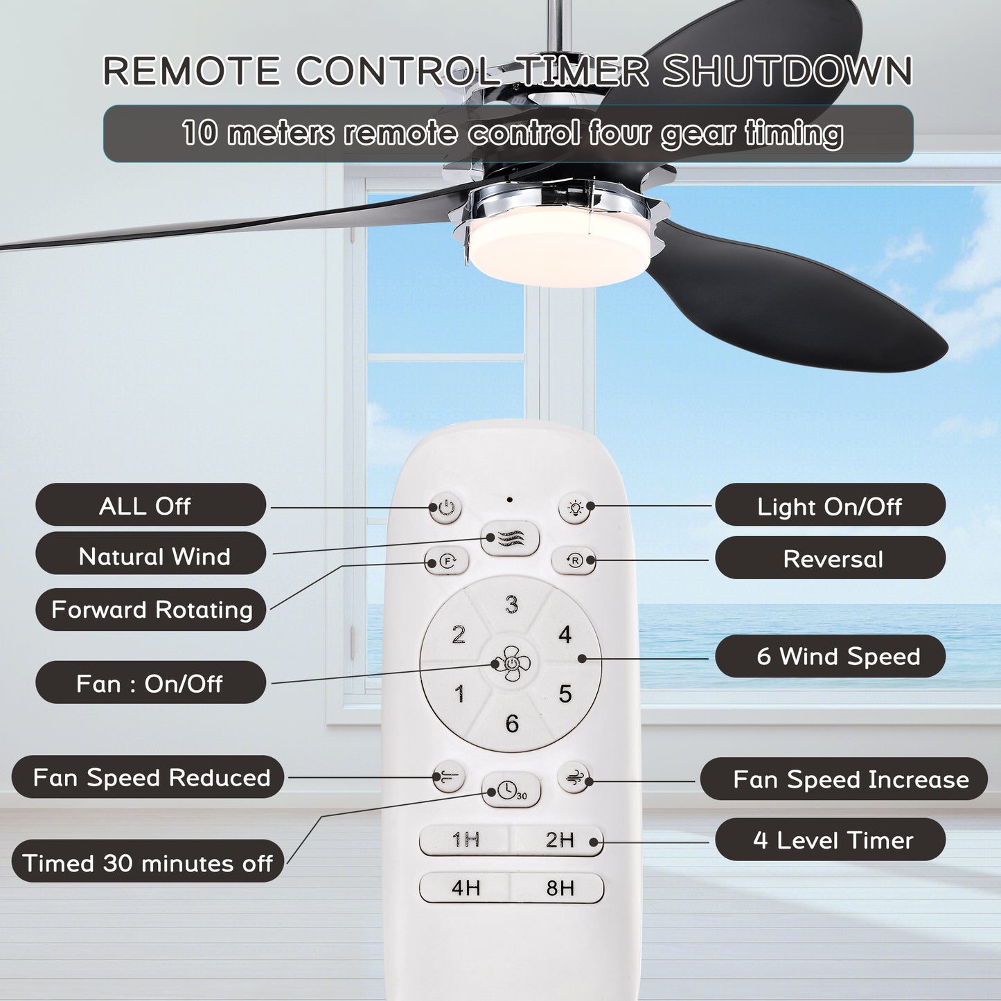 52'' ABS Blades Ceiling Fan with Lights and Remote (6 Speeds Adjustable) , DC Motor Modern Ceiling Fan with 3 ABS Fan Blades & 2 Down Rods, Indoor Ceiling Fan with Light for Home Use