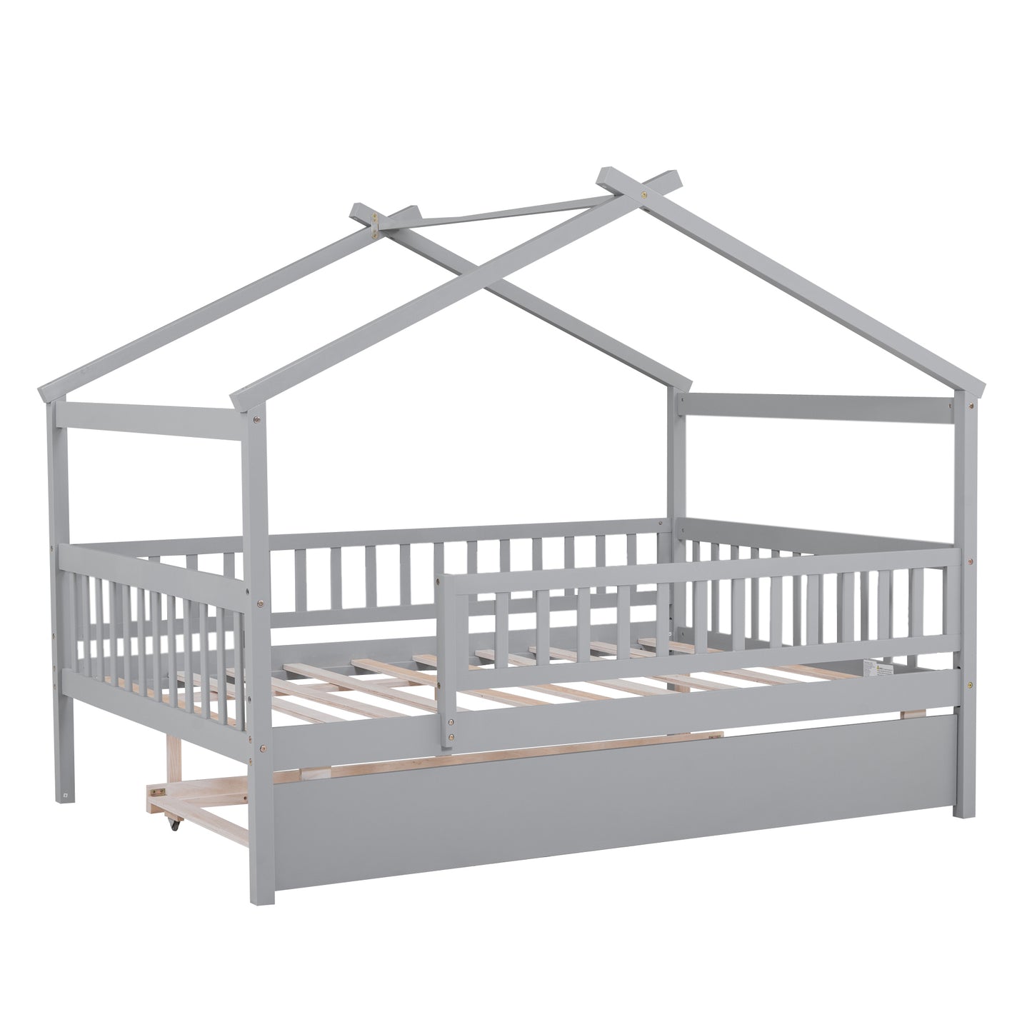 Full Size Wooden House Bed with Twin Size Trundle, Gray