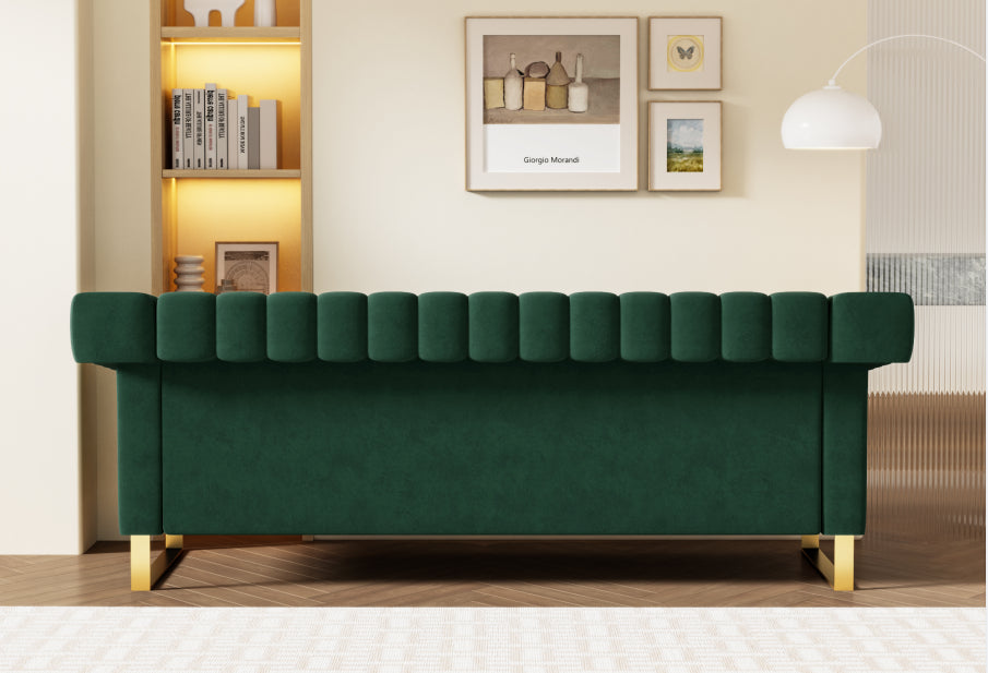 FX-P81-RG2  RETRO GREEN SOFA Modern Cream Velvet Sofa with Gold Accents - Sleek Channel-Tufted Upholstery, 3-Seat Couch for Living Room and Office Decor