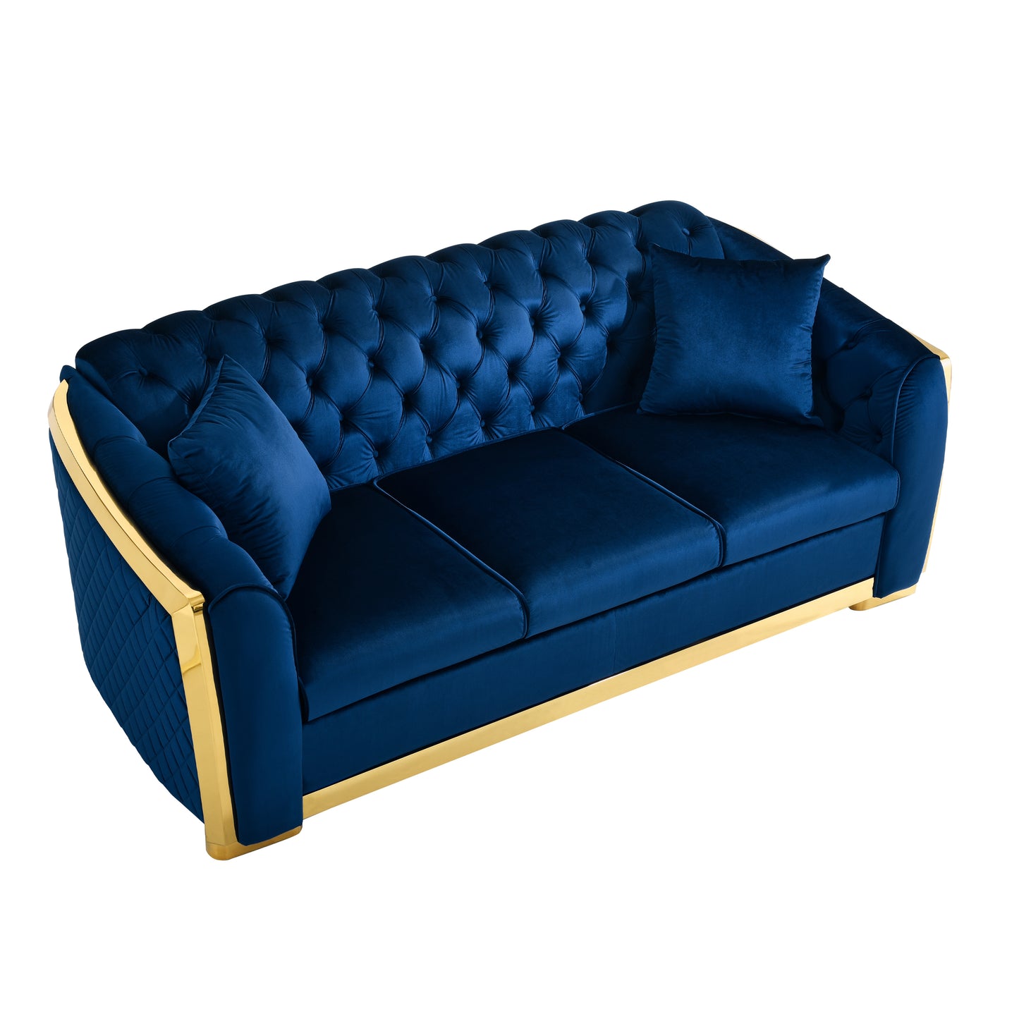 Velvet Luxury Chesterfield Sofa Set, 84 Inches Tufted 3 Seat Couch with Gold Stainless for Living Room, Navy Blue Fabric