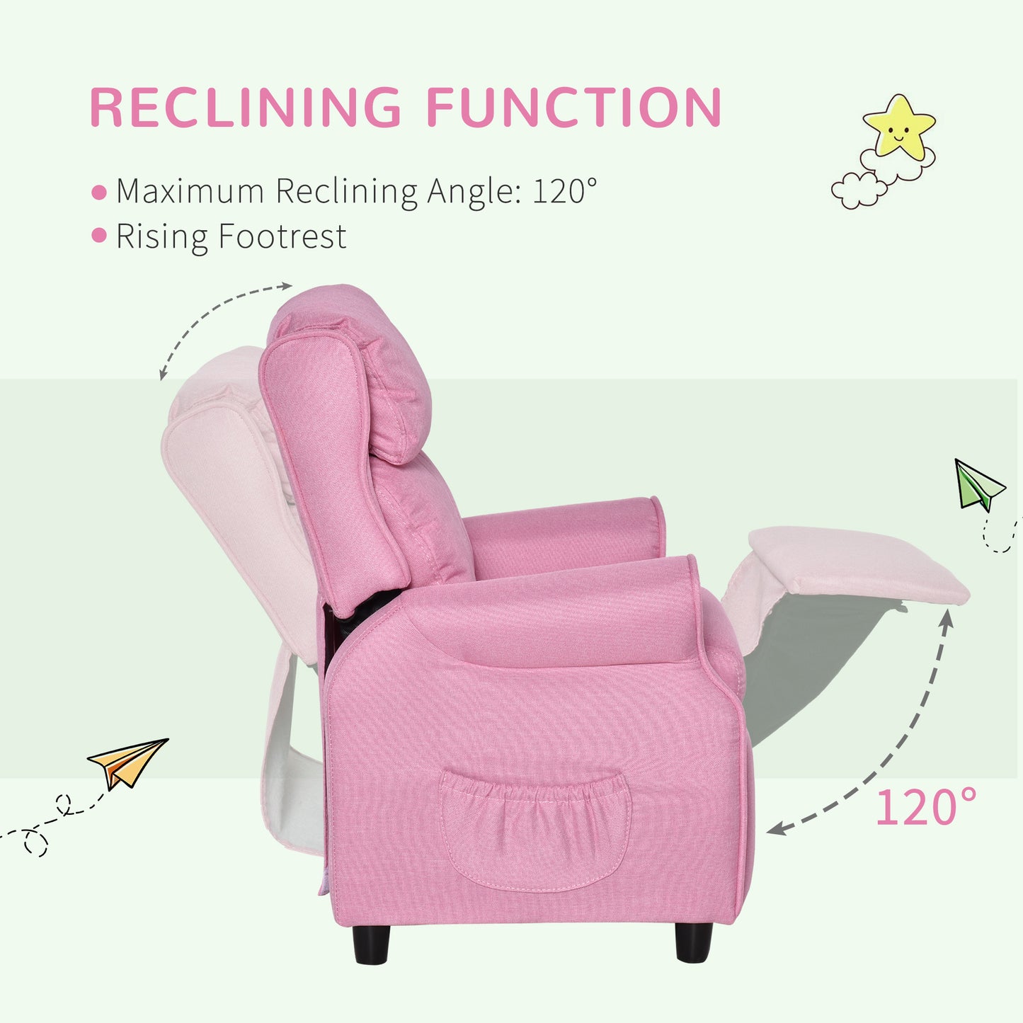 Qaba Kids Recliner Chair Children Sofa Angle Adjustable Single Lounger Armchair Gaming Chair with Footrest 2 Side Pockets for 3-5 Years, Light Pink