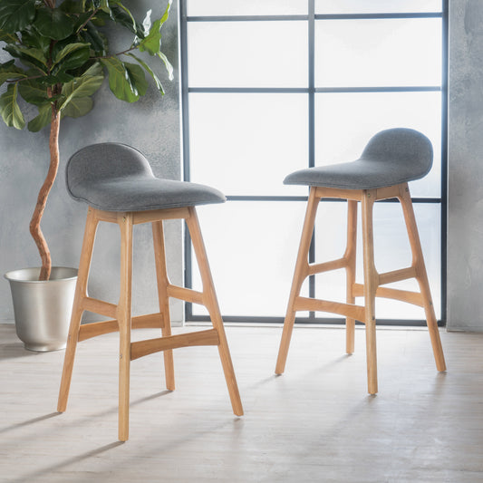 28.5" Mid-Century Modern Upholstered Low Back Barstools (Set of 2), Gray, Natural Oak Finish