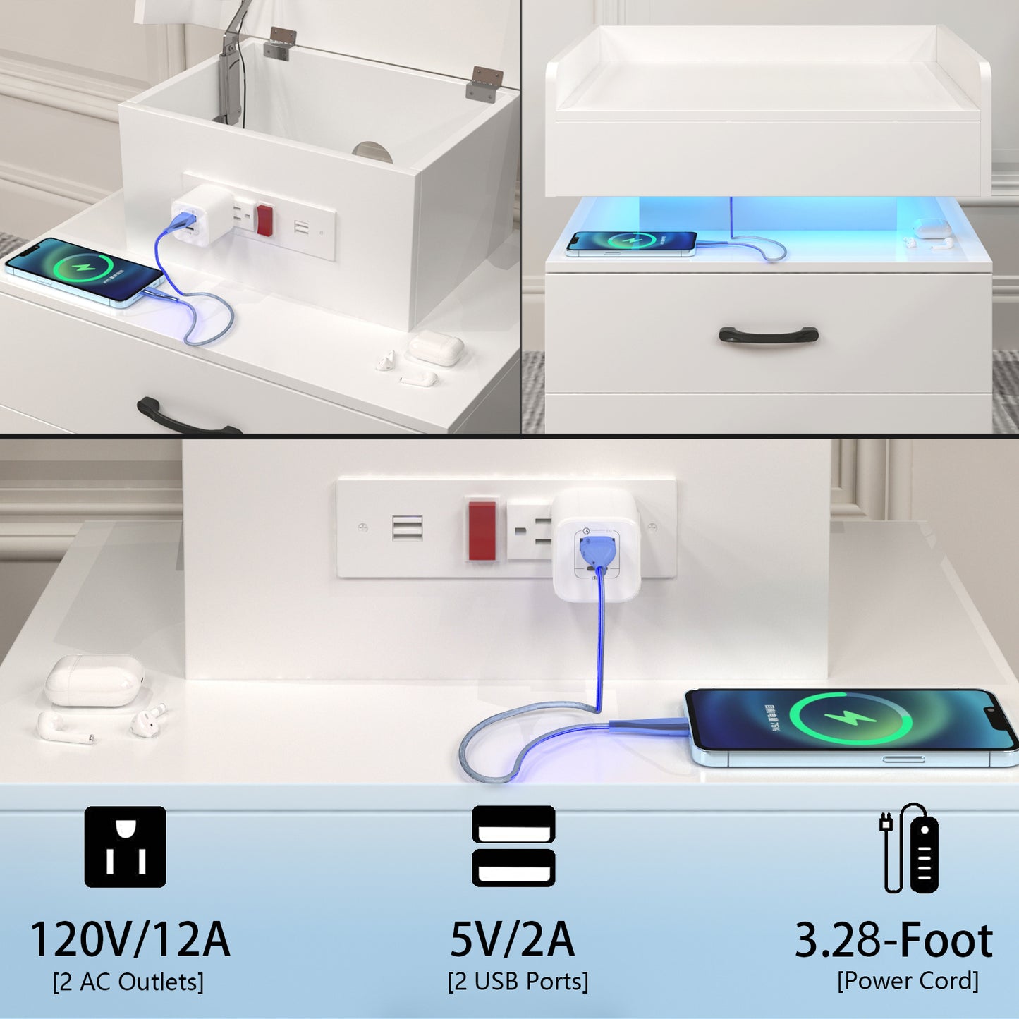 1 Set Nightstand with Adjustable LED Strip Light, 2-drawers, Large Storage Space, Suitable for Bedside Table, Coffee Table, Sofa Side Table or End Table for Study Desk