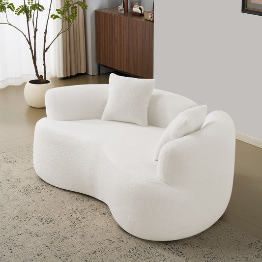 66.93 Inch Curved Loveseat White Full Compression Sponge Sofa, Teddy Velvet Fabric, No-Assembly Compact Sofa for Small Spaces & Apartments, 350 lbs Capacity