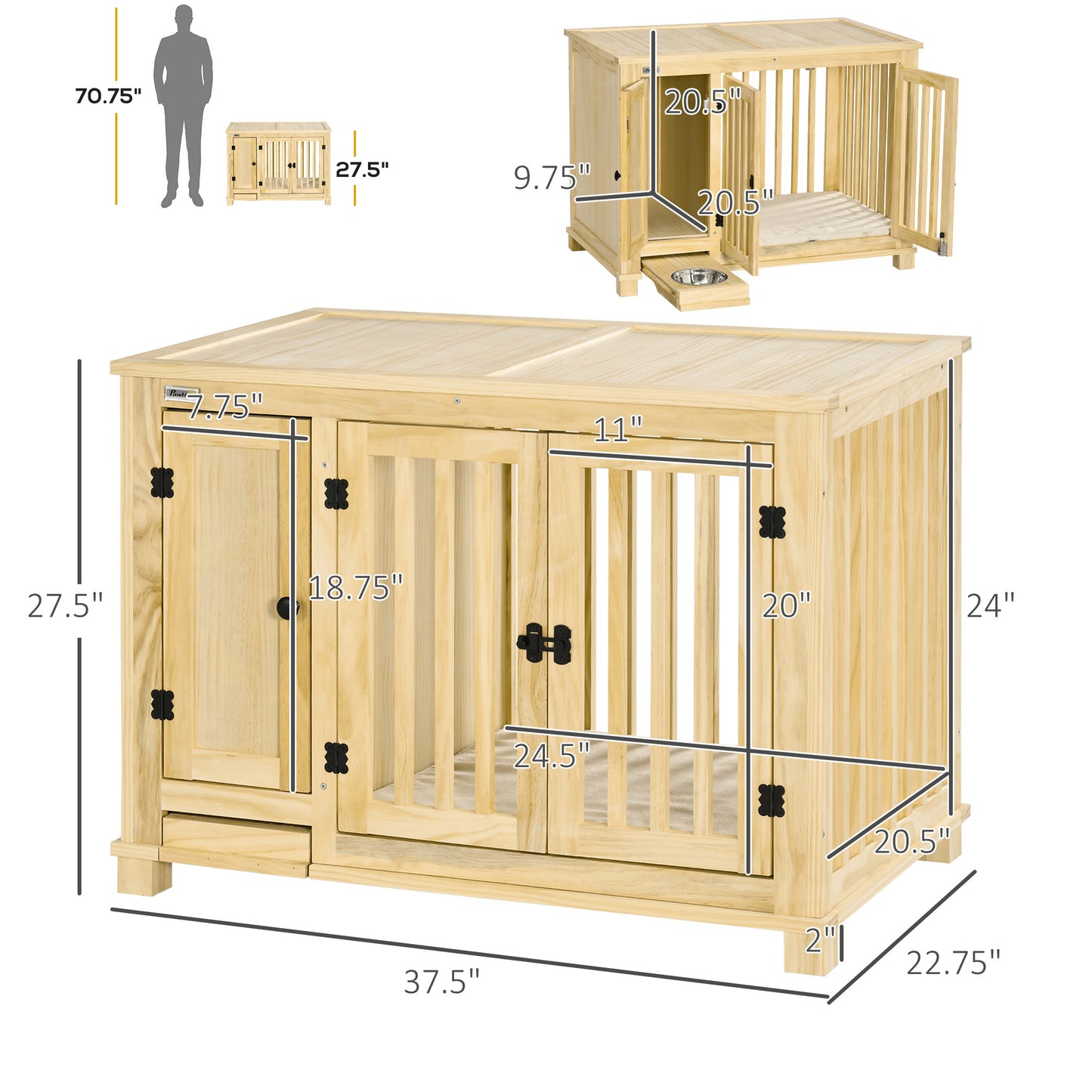 PawHut Wood Dog Crate Furniture with Hidden Food Bowl in Drawer, Dog Crate End Table with Cushion, Double Doors, for Small Dogs Indoor Use, Natural