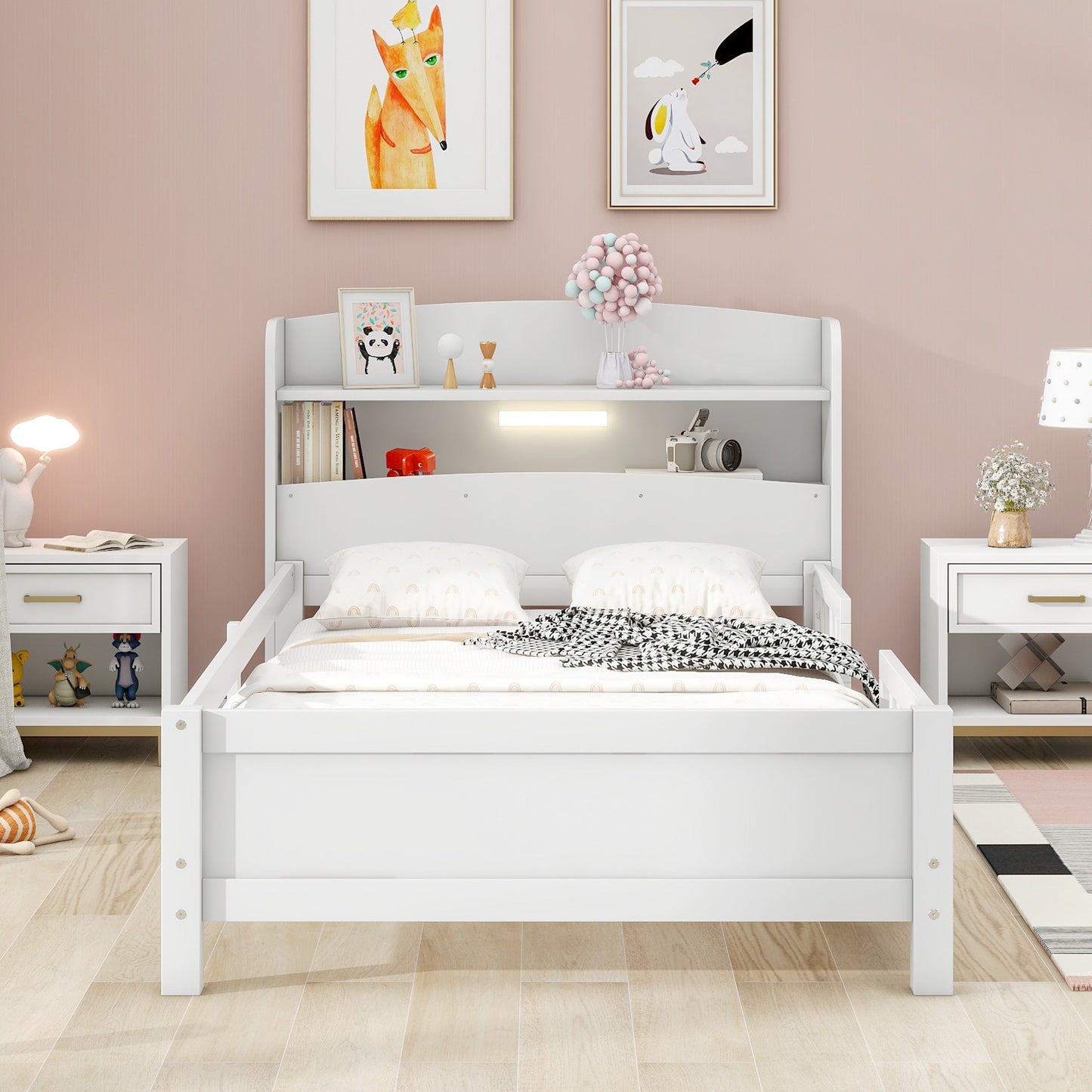 Wood Twin Size Platform Bed with Built-in LED Light, Storage Headboard and Guardrail, White